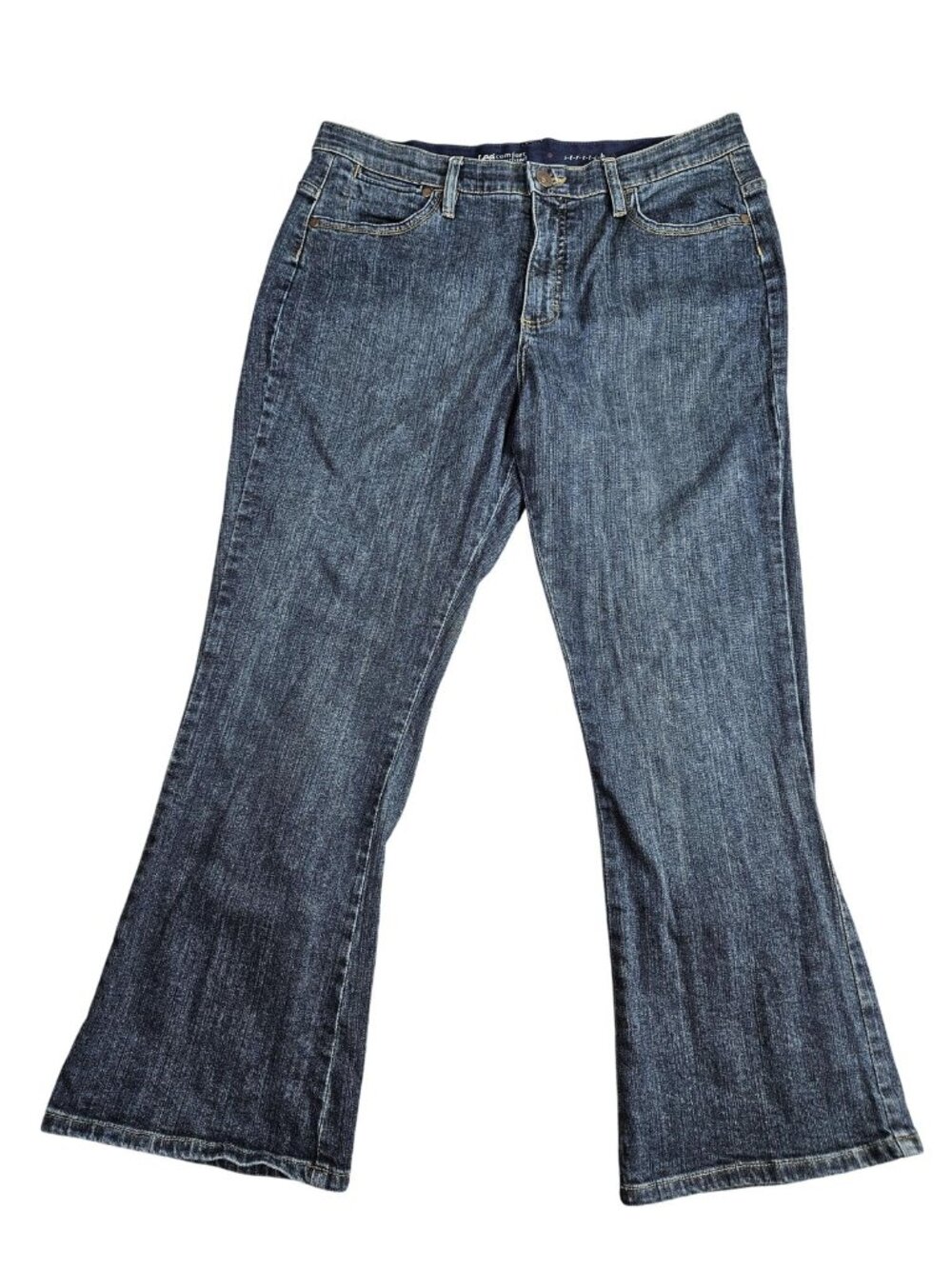 Lee Wide Leg Jeans Womens 14 Petite Blue Med Wash Mid Rise Stretch Denim